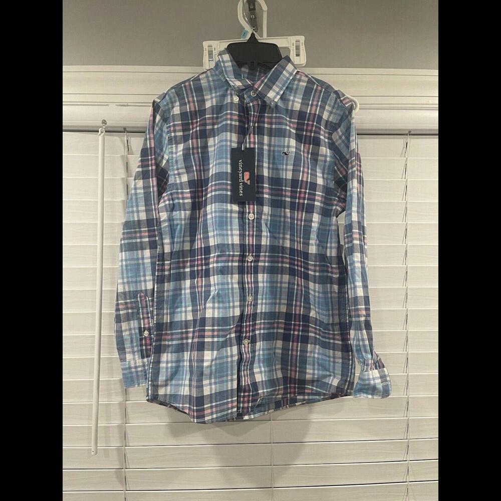 Vineyard Vines Button Down Shirt Medium Blue Pink Plaid Long Sleeve NEW